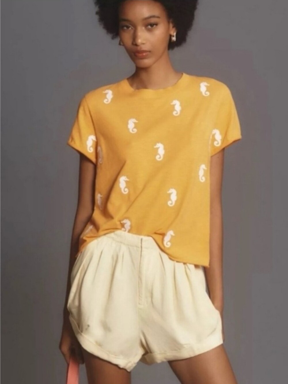 Anthropologie Maeve Seahorse Embroidered The Caitl Short Sleeve Boxy Tee Small